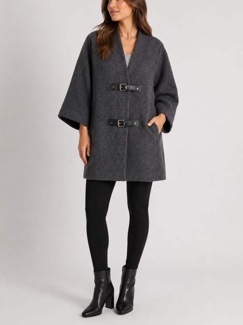 Michael Michael Kors 100% Wool Buckle Front Poncho Coat Gray M Oversized Cape